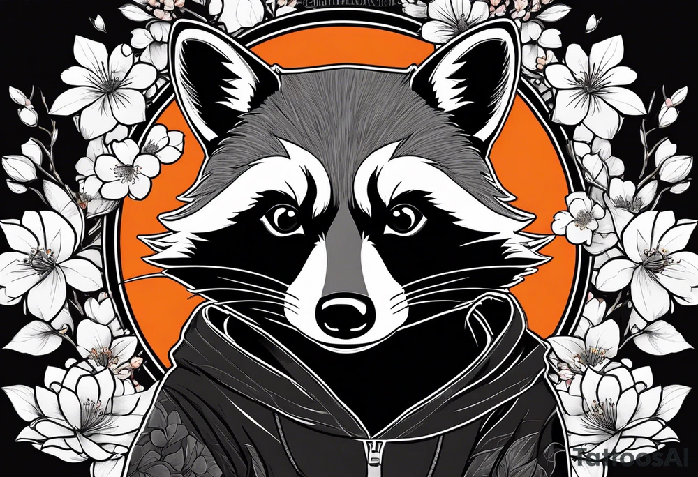 Raccoon wearing a white Superman logo on a black hoodie and orange Japanese cherry blossoms tattoo idea