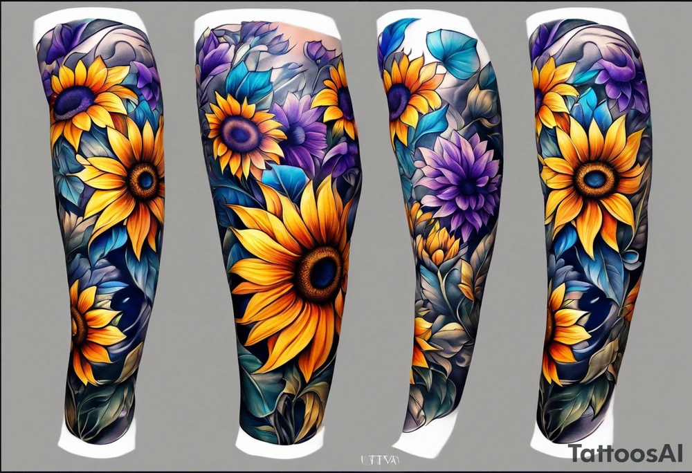 Full leg sleeve with purple, orange and blue sunflowers tattoo idea