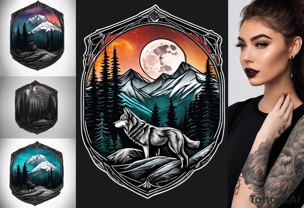 Half sleeve
Peaks of mountains with a moon behind it
Dark woods below the mountains with a narrow trail with two wolves on bottom of the trails tattoo idea