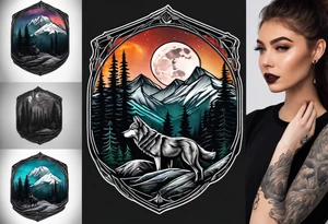 Half sleeve
Peaks of mountains with a moon behind it
Dark woods below the mountains with a narrow trail with two wolves on bottom of the trails tattoo idea