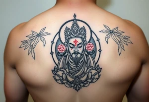 "Tibetan thangka tattoo but deity is a crypto wallet with QR face. Geometric patterns, black/red ink." tattoo idea