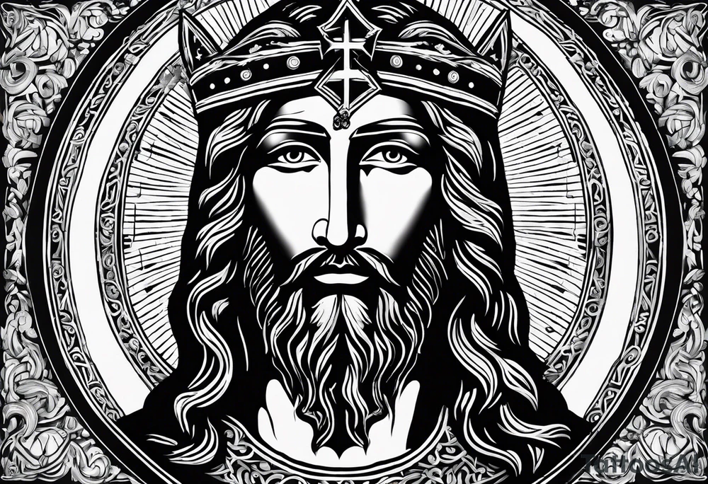 An icon of the haloed head of a flat, stern Byzantine Christ with all-demanding, soul-piercing eyes. tattoo idea