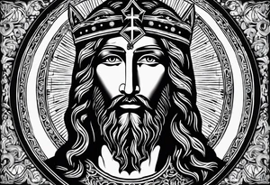 An icon of the haloed head of a flat, stern Byzantine Christ with all-demanding, soul-piercing eyes. tattoo idea