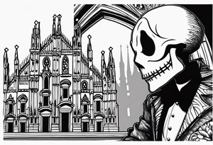 jack skellington leaning against milan cathedral and the date June 07, 2023 tattoo idea