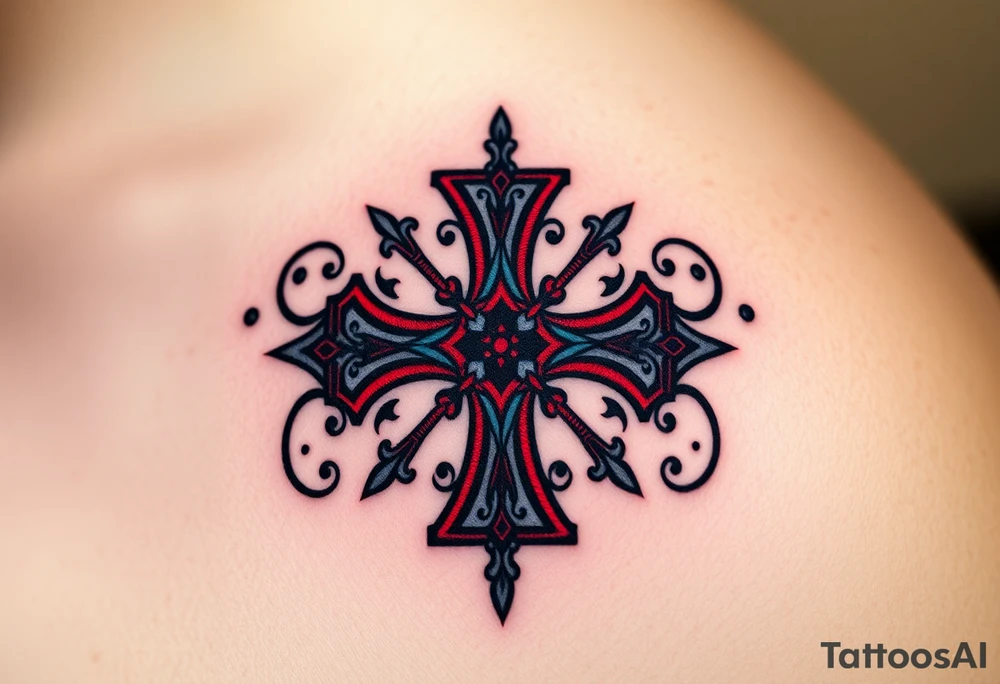 A Gothic-style Maltese cross with dark crimson shading and intricate baroque filigree, evoking mystery and power tattoo idea