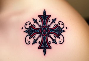A Gothic-style Maltese cross with dark crimson shading and intricate baroque filigree, evoking mystery and power tattoo idea