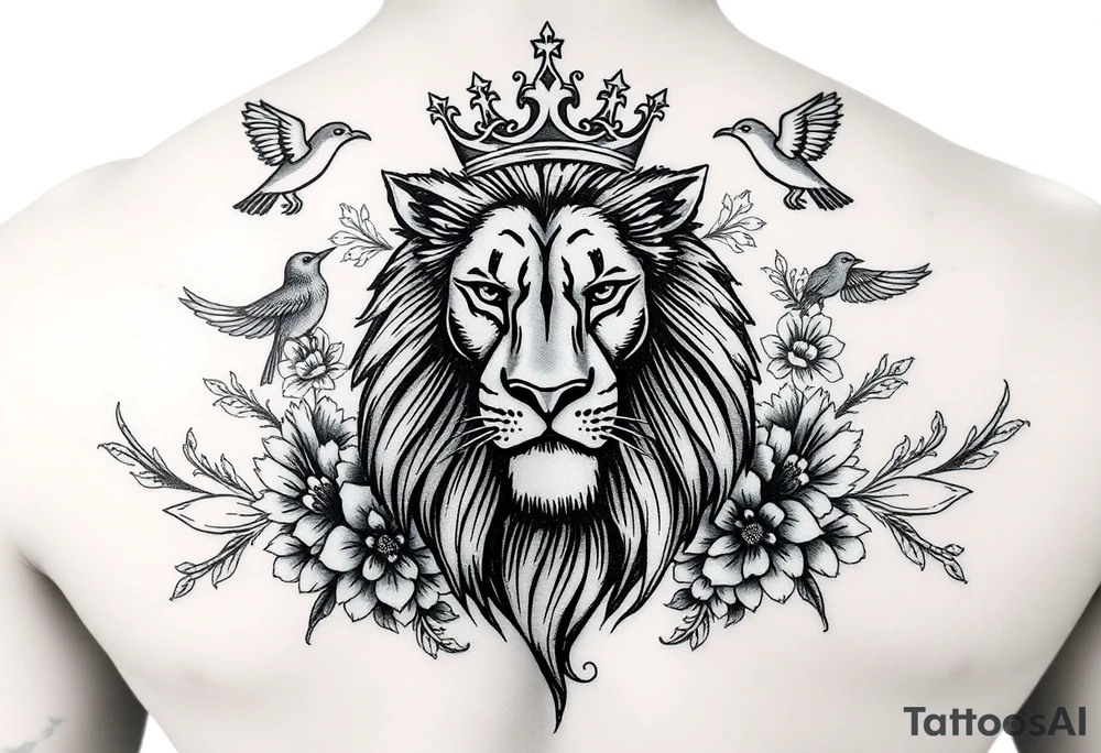 powerful majestic lion with a crown, surrounded by floral ornaments and birds tattoo idea