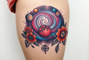 Milky way galaxy with planets with zodiac symbols and protection runes with red roses and sunflowers tattoo idea