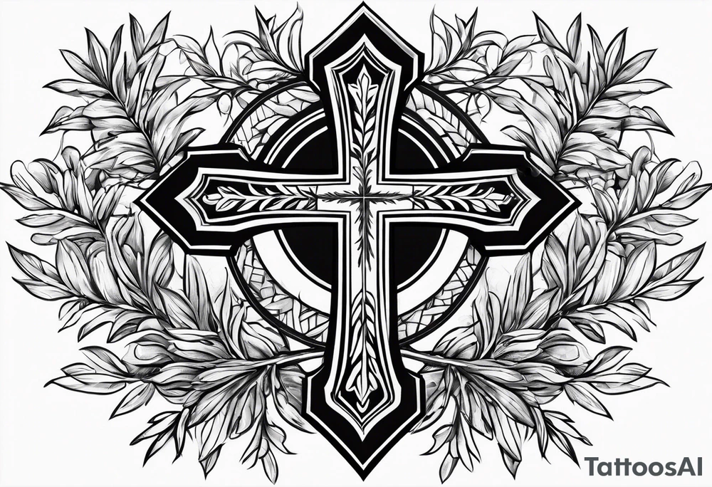 Christian cross with olive branches around it tattoo idea Christian cross with olive branches around it tattoo idea