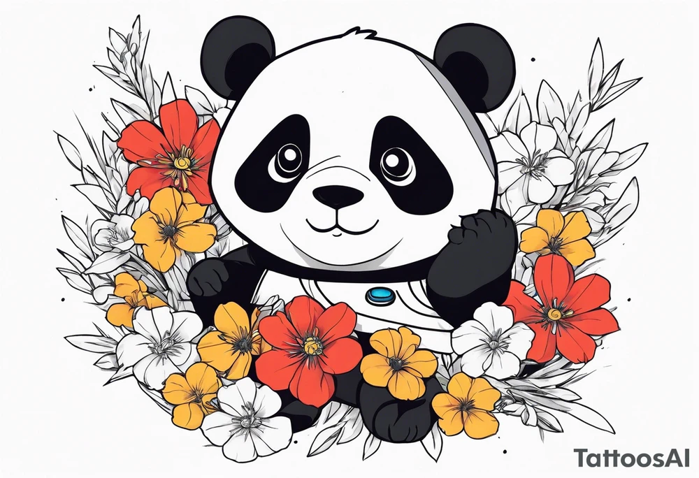 Panda SD gundam, surrounded by flowers half sleeve tattoo idea Panda SD gundam, surrounded by flowers half sleeve tattoo idea