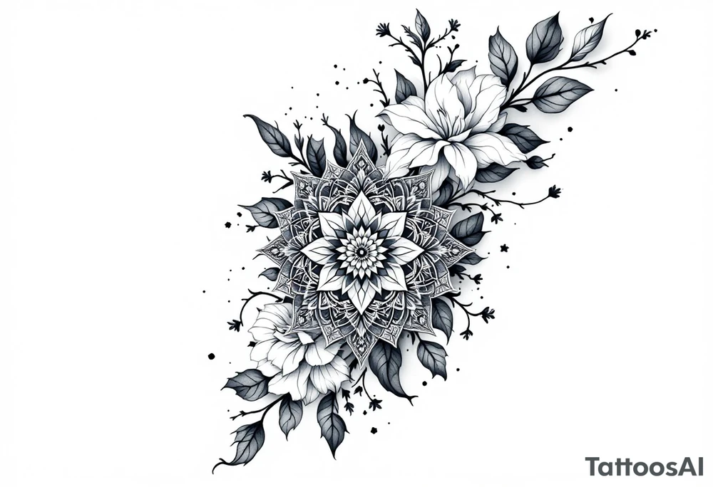 A delicate, intricate mandala surrounded by soft, flowing flowers, symbolizing harmony, balance, and femininity. tattoo idea