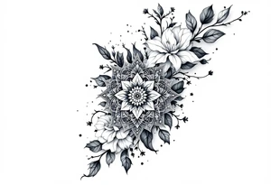 A delicate, intricate mandala surrounded by soft, flowing flowers, symbolizing harmony, balance, and femininity. tattoo idea