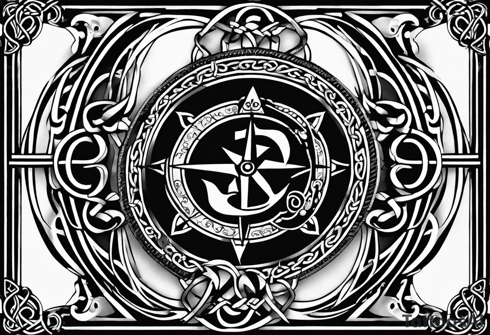 Celtic styling, anchor, compass, bass clef note, treble clef note, dog paw print, half sleeve, forearm tattoo idea