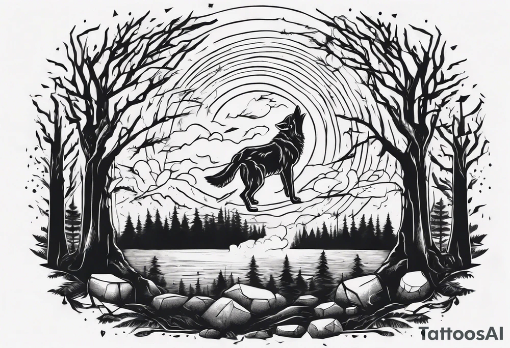 a thunder and lightning storm over a forest with a distant wolf howling and a drum circle tattoo idea a thunder and lightning storm over a forest with a distant wolf howling and a drum circle tattoo idea