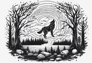 a thunder and lightning storm over a forest with a distant wolf howling and a drum circle tattoo idea