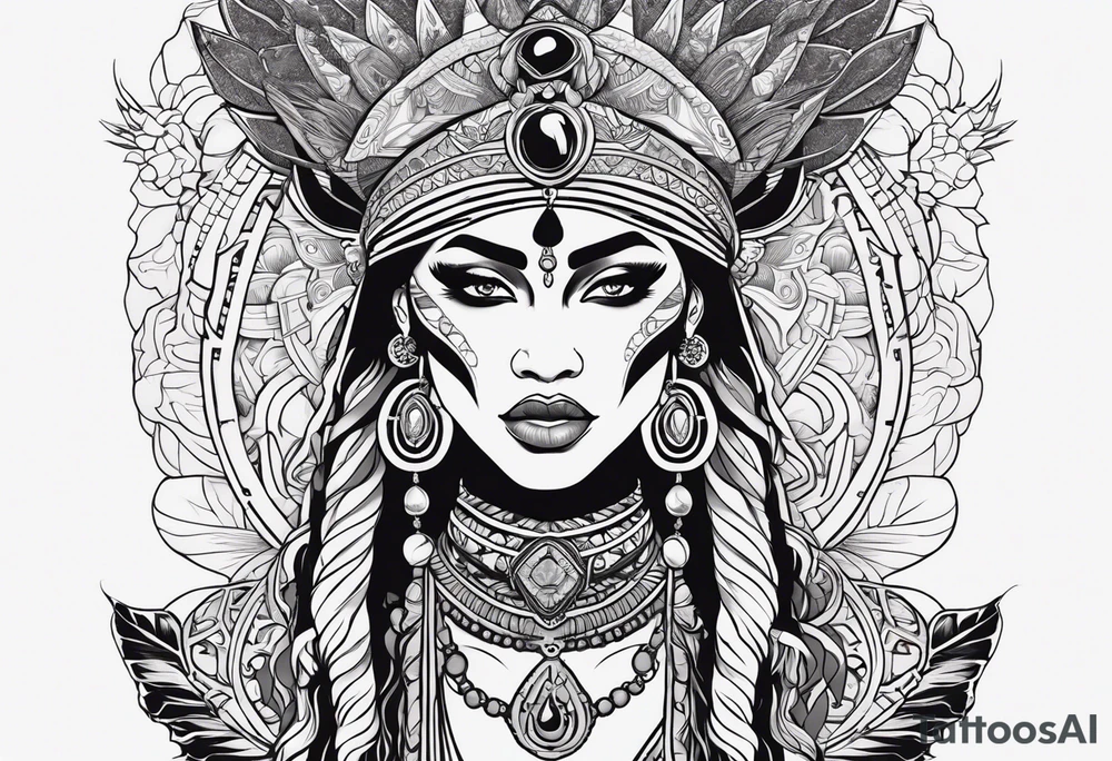 valkrye, kali, pirate, african goddess, , warrior, native american, lotus, zenza resonance, skulls, dragon, pachamama, left side face, chest, right wing, tattoo idea