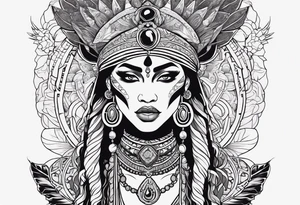 valkrye, kali, pirate, african goddess, , warrior, native american, lotus, zenza resonance, skulls, dragon, pachamama, left side face, chest, right wing, tattoo idea