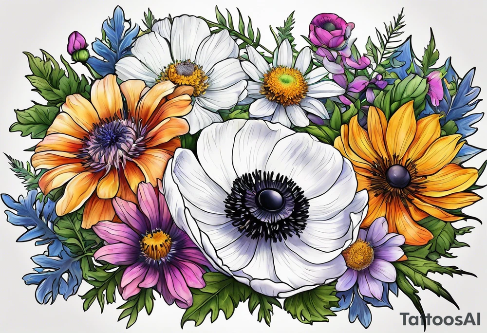 one white anemone with black center in the middle of mixed colorful wildflowers all with different shapes including thistles, ferns, ranuculus, and sun flowers tattoo idea