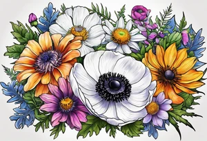 one white anemone with black center in the middle of mixed colorful wildflowers all with different shapes including thistles, ferns, ranuculus, and sun flowers tattoo idea
