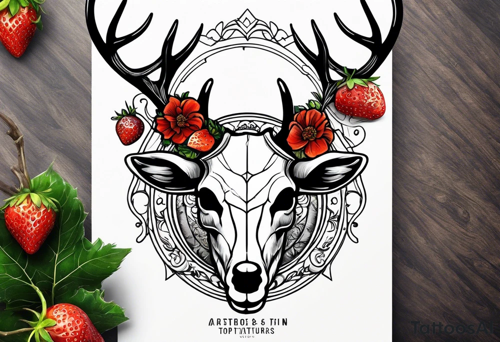 A deer skull. The astrological sign for Aries and Taurus hanging from the antlers. There should be some strawberry imagery in it also. tattoo idea