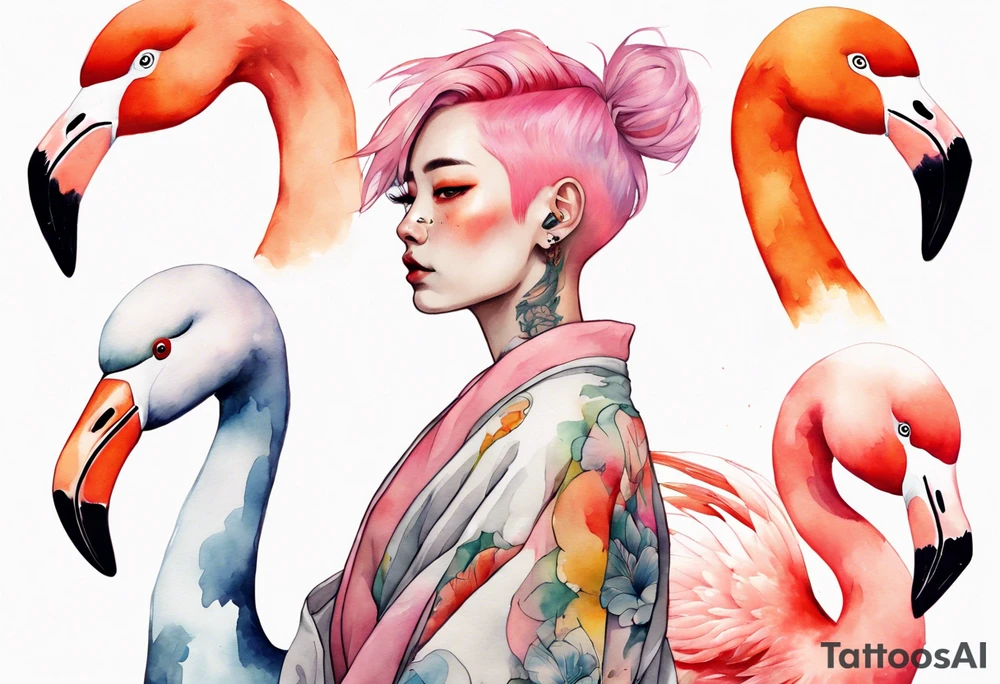 an androgynous person with pink hair and a rainbow robe standing next to a flamingo and a koi tattoo idea