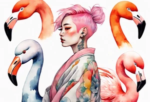 an androgynous person with pink hair and a rainbow robe standing next to a flamingo and a koi tattoo idea