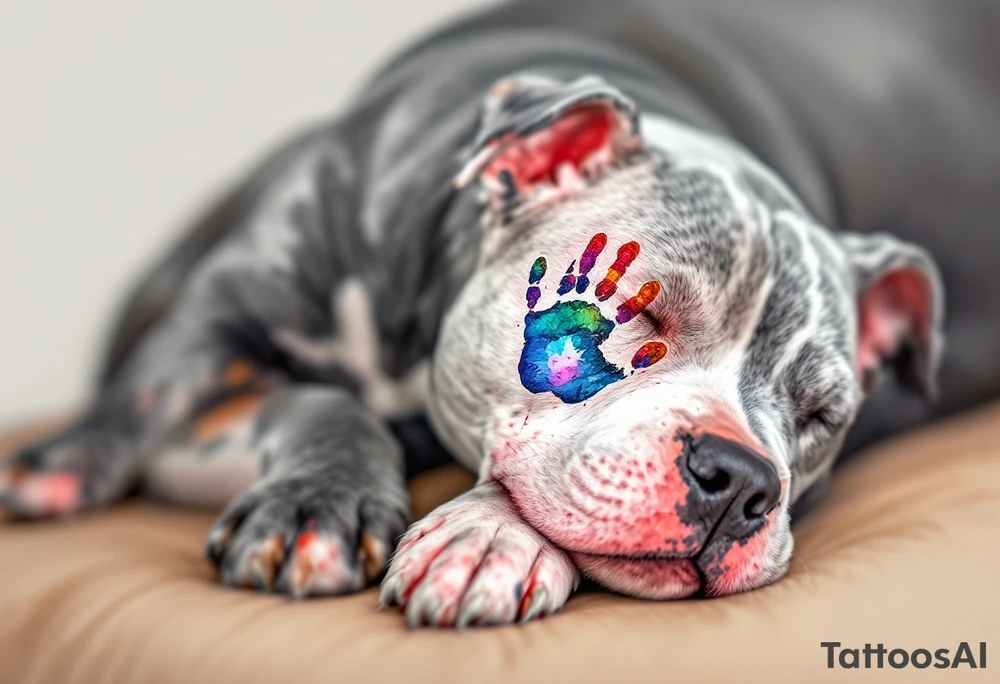 Staffbull with Child's Handprint
A peaceful Staffbull lying down with a small, colorful child’s handprint on its back or paw. Symbol of family and loyalty, done in grayscale with the handprint in soft watercolor tones (blue, pink, yellow). tattoo idea