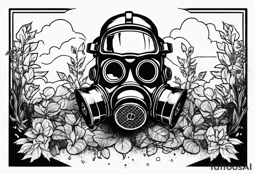 a dying plant in dirt with a gasmask next to it tattoo idea