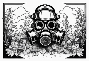 a dying plant in dirt with a gasmask next to it tattoo idea