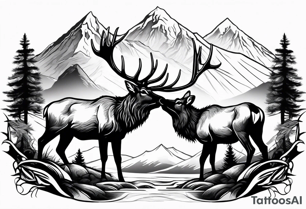 two elk fighting with mountains and stream in background tattoo idea two elk fighting with mountains and stream in background tattoo idea