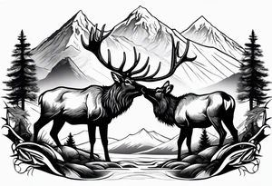 two elk fighting with mountains and stream in background tattoo idea