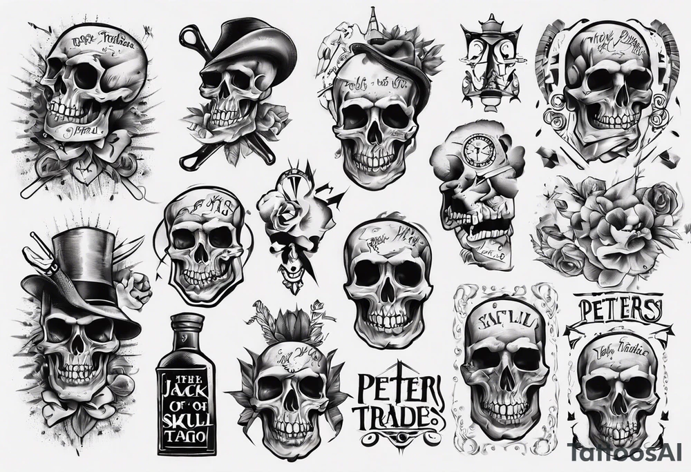 men’s arm sleeve, the name Peters, jack of all trades, no skull tattoo idea