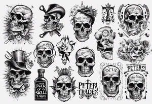 men’s arm sleeve, the name Peters, jack of all trades, no skull tattoo idea