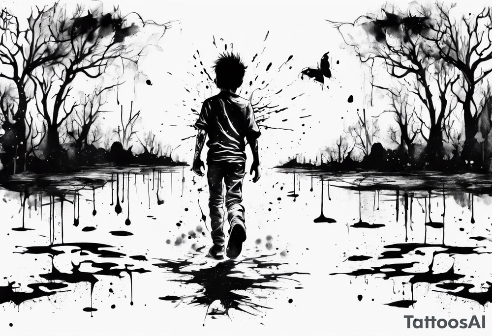Paint splash drawing a lost boy walking alone tattoo idea