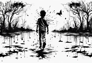 Paint splash drawing a lost boy walking alone tattoo idea