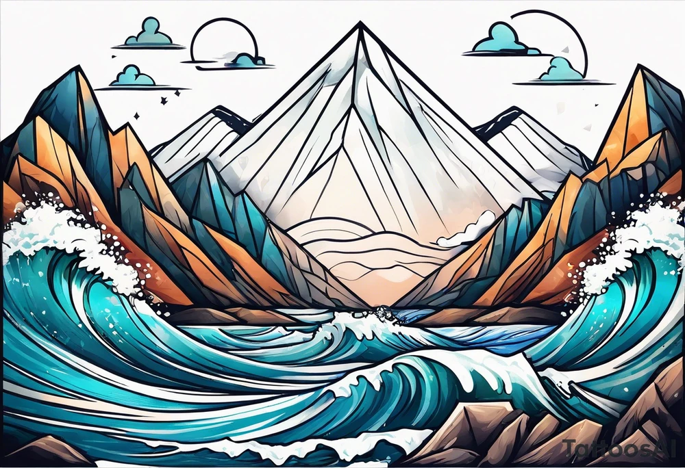 Mountains and ocean waves  crashing diamond shape tattoo idea
