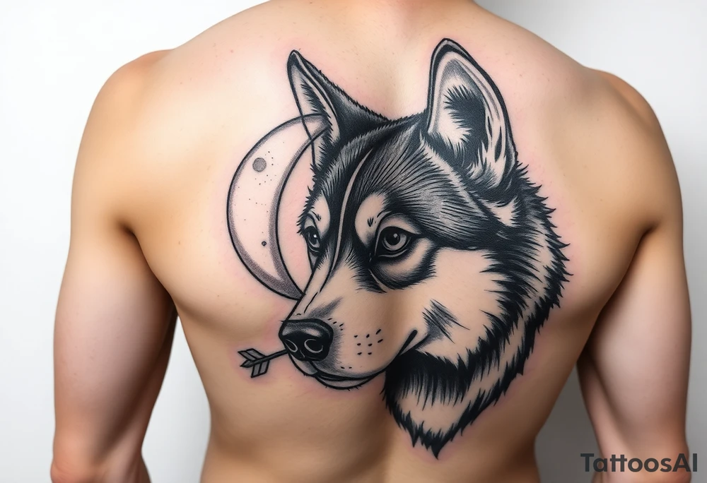 create a tatto of the face of a female husky looking at a half a moon with a arrow crossing for the underarm tattoo idea
