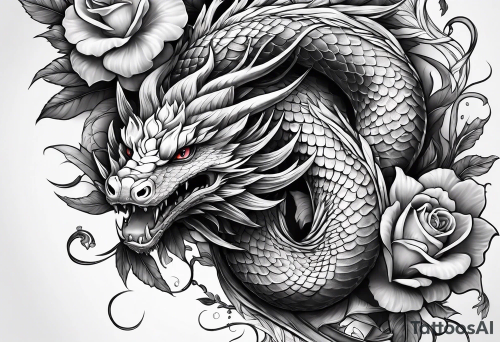 Snake dragon with flowers tattoo idea