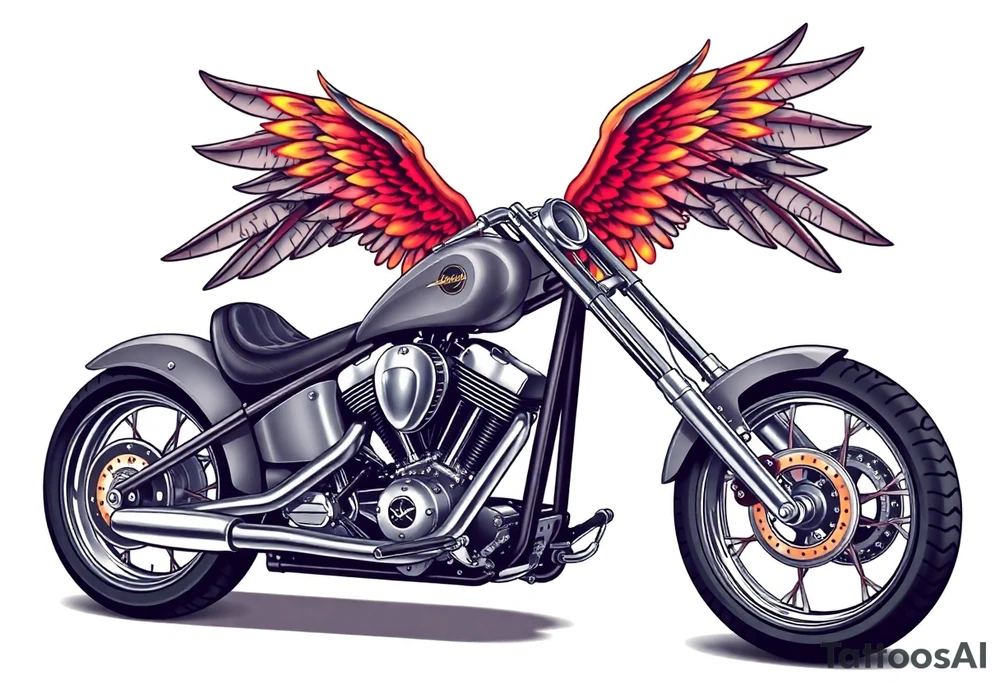 Low rider grey motorcycle, big muffler pipes with flames, angel wings tattoo idea