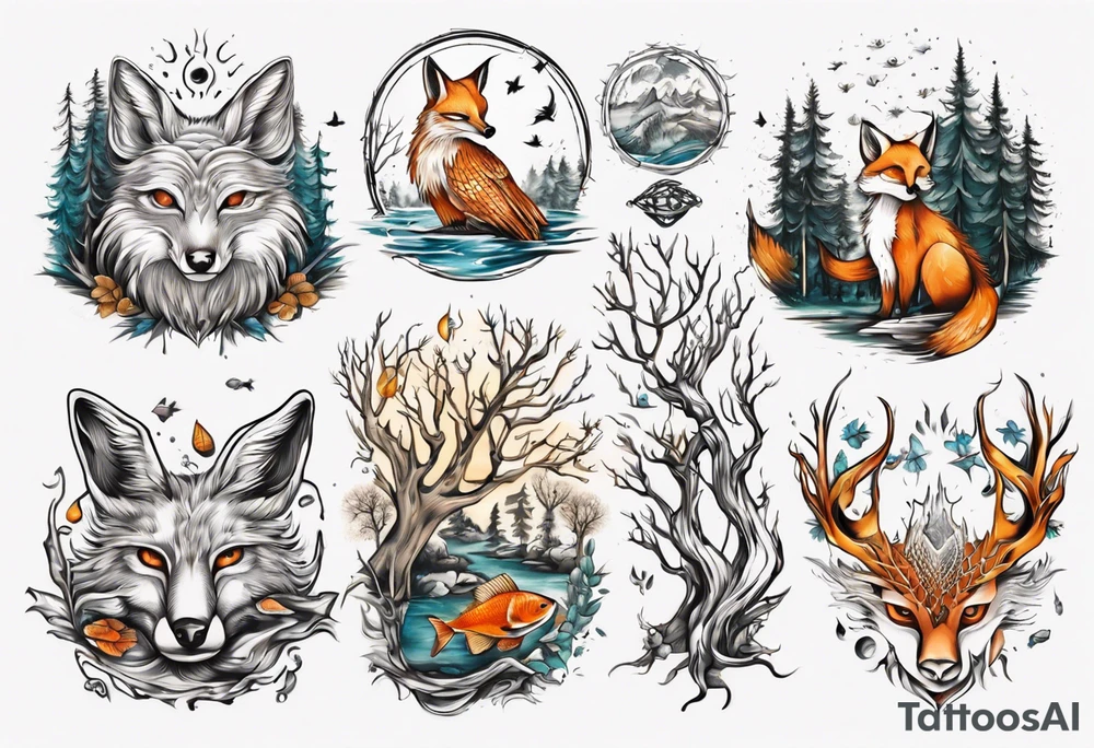 sonne, eule  wald, fuchs 
baum, sapere aude, Wasser, fisch tattoo idea