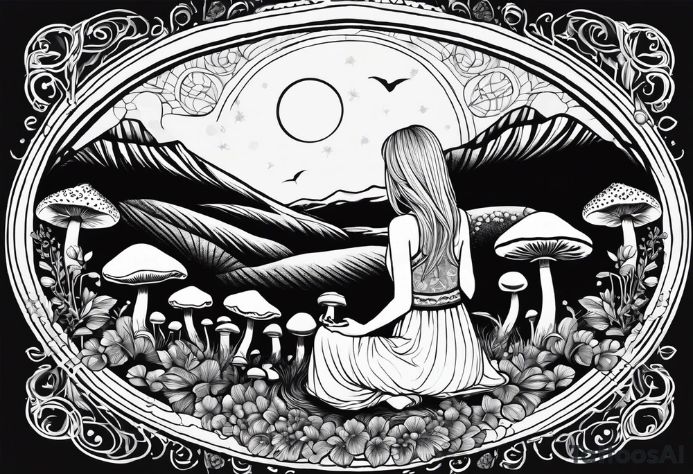 Straight blonde hair girl holding mushrooms in hand meditating facing away toward mountains surrounded by mushrooms crescent moon mandala circular design black and white striped dress tattoo idea