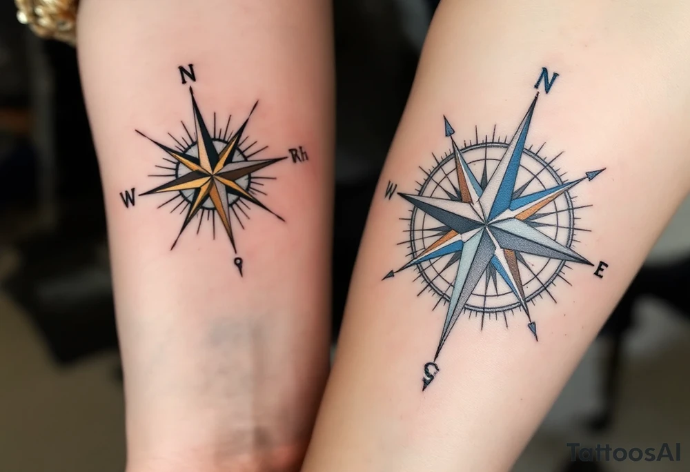 One wears a compass pointing north in black and gold, the other a compass pointing south in silver and blue, symbolizing guidance and connection. tattoo idea