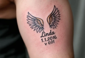 pair of angel wings enclosing name Linda and numbers 1.1.2016 v 0:01", done in light gray and faded lilac. tattoo idea