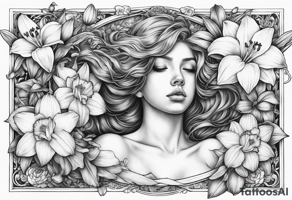sad angel on swing from behind with head down and face covered by her hair surrounded by lily, daffodil, rose, daisy, narcissus tattoo idea