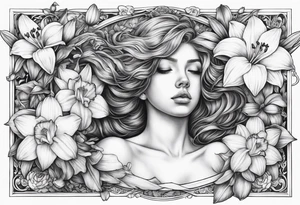 sad angel on swing from behind with head down and face covered by her hair surrounded by lily, daffodil, rose, daisy, narcissus tattoo idea