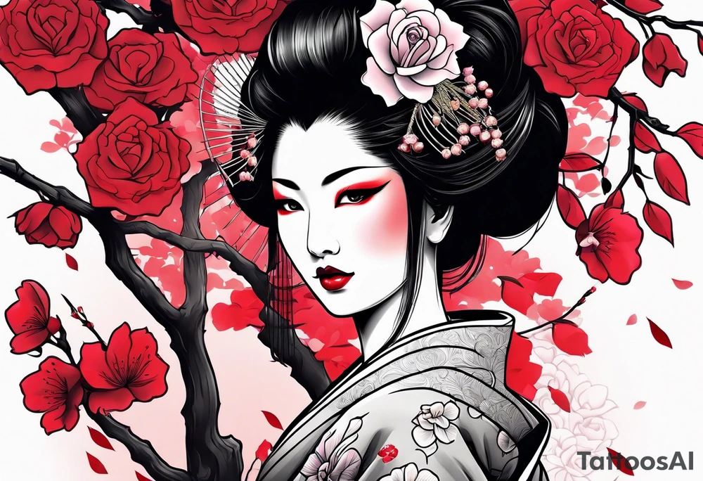 Geisha holding a colored roses under a cherry tree tattoo idea Geisha holding a colored roses under a cherry tree tattoo idea