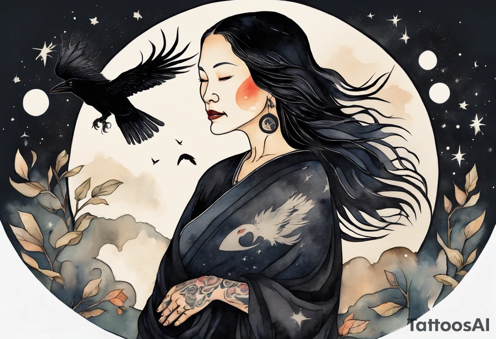 a beautiful 55 year old Dakota woman wearing a black tunic, floating in the night sky, a raven on her shoulder tattoo idea