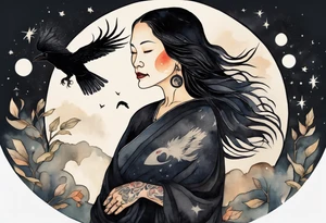 a beautiful 55 year old Dakota woman wearing a black tunic, floating in the night sky, a raven on her shoulder tattoo idea