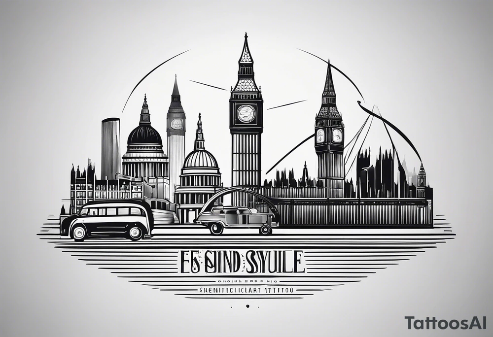 A minimalistic, abstract design capturing the architectural essence and vibe of London. Key elements of London’s skyline and structure are hinted at with clean lines, and subtle detailing includes personal touches, like a nod to Feid’s signature look (hat, glasses, mustache), integrated discreetly to honor a memorable concert experience. tattoo idea