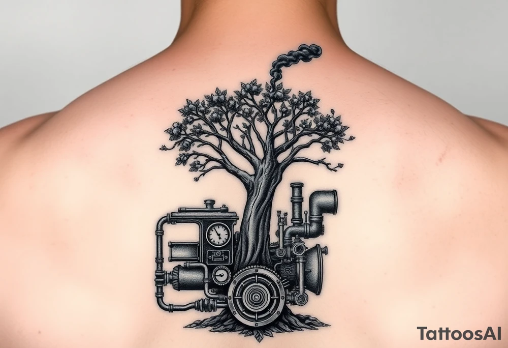 tree growing out of a v shaped engine with lots of pipes, guages and steam around the engine 
 with a smoke stack coming out of the top of the tree billowing black smoke with a steam punk vibe tattoo idea